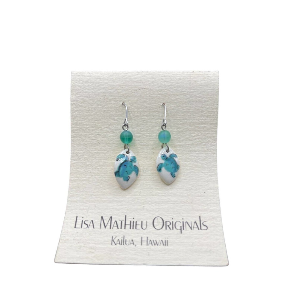 Artisan Signed Hand-painted BlueGreen Sea Turtles Ceramic Dangle Earrings Hawaii